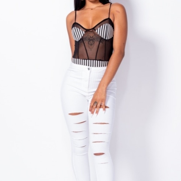 Parisian Tops - Black Striped Sheer Mesh Bodysuit Lingerie